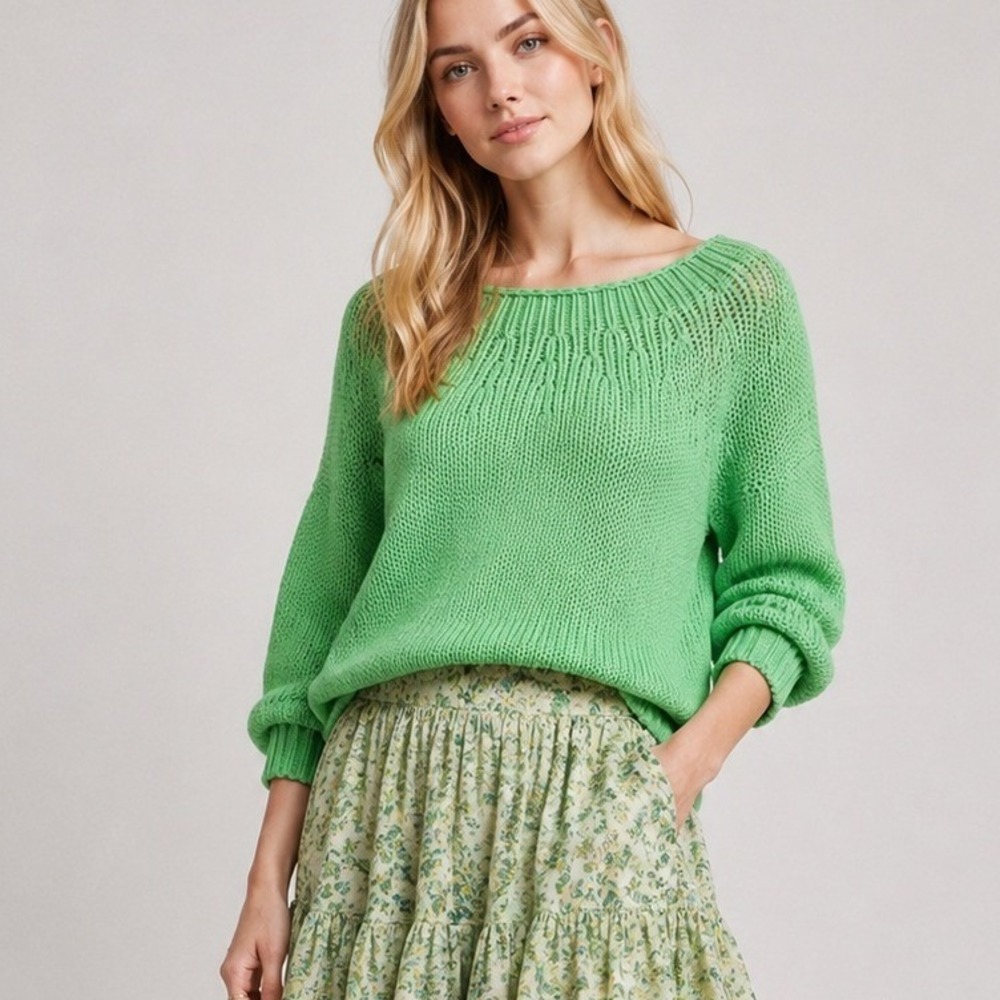 Diane Von Furstenberg DVF Averil Sweater Dolman Sleeves Kelly Green Cotton S